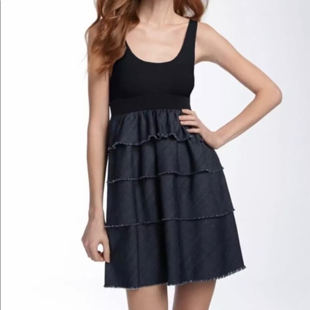 Theory Calentha Greece Black and Denim Ruffle Tiered Dress